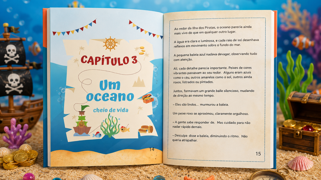 Páginas ilustradas do livro infantil A Pequena Baleia Azul