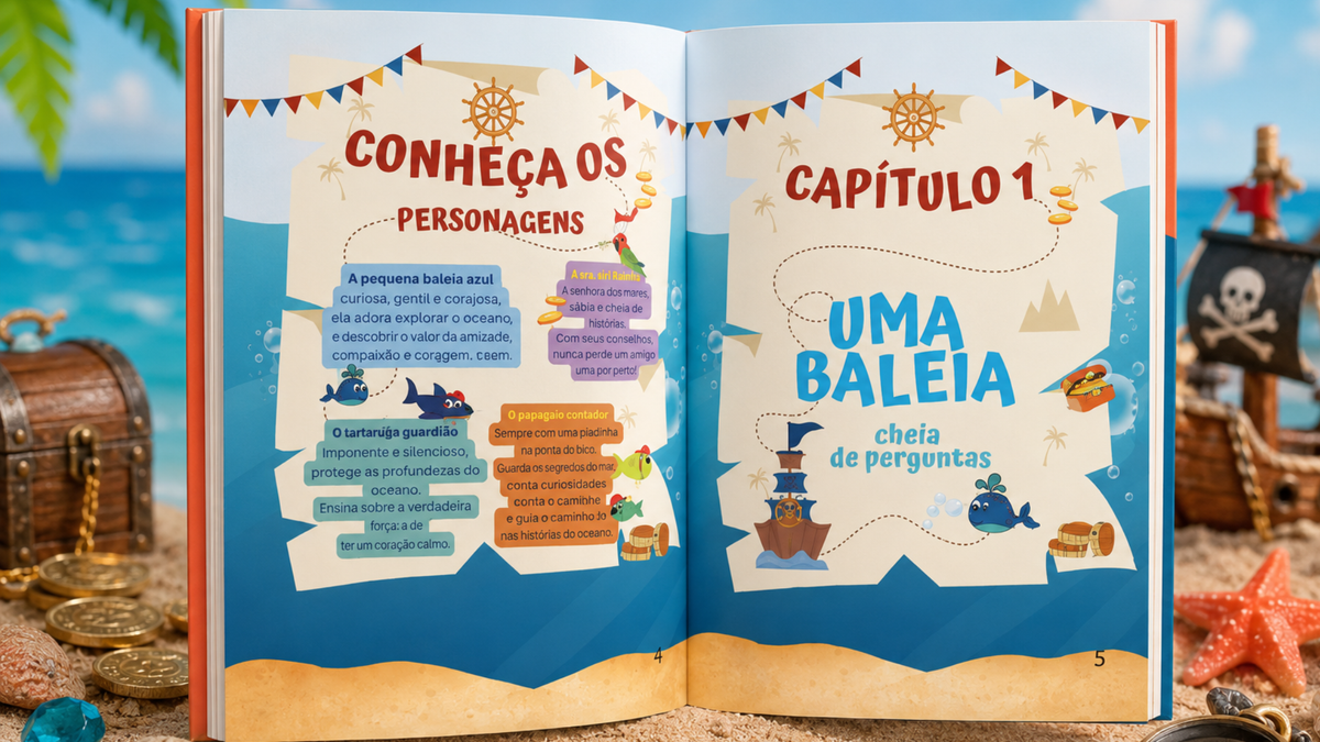 Personagens e capítulo do livro infantil A Pequena Baleia Azul