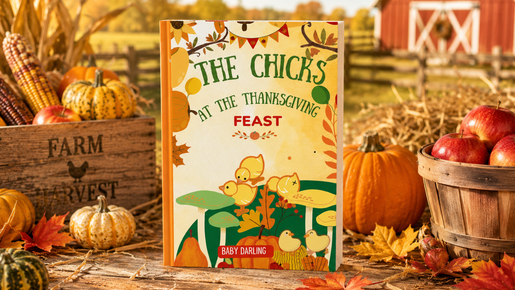 The Chicks at the Thanksgiving Feast children's book with pumpkins and autumn farm decorations