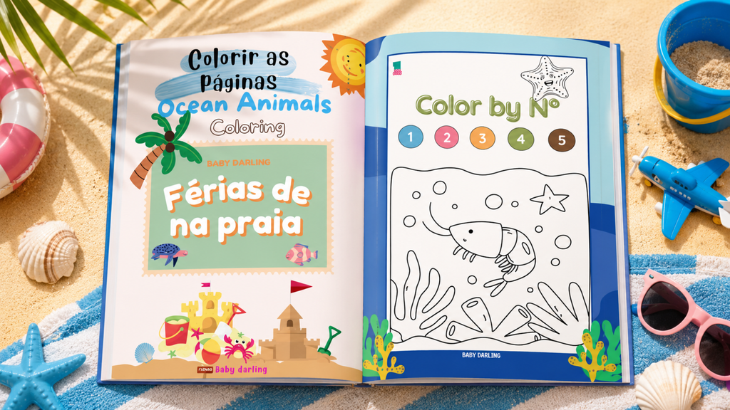 Brazilian Portuguese children's beach book with ocean animal coloring activity