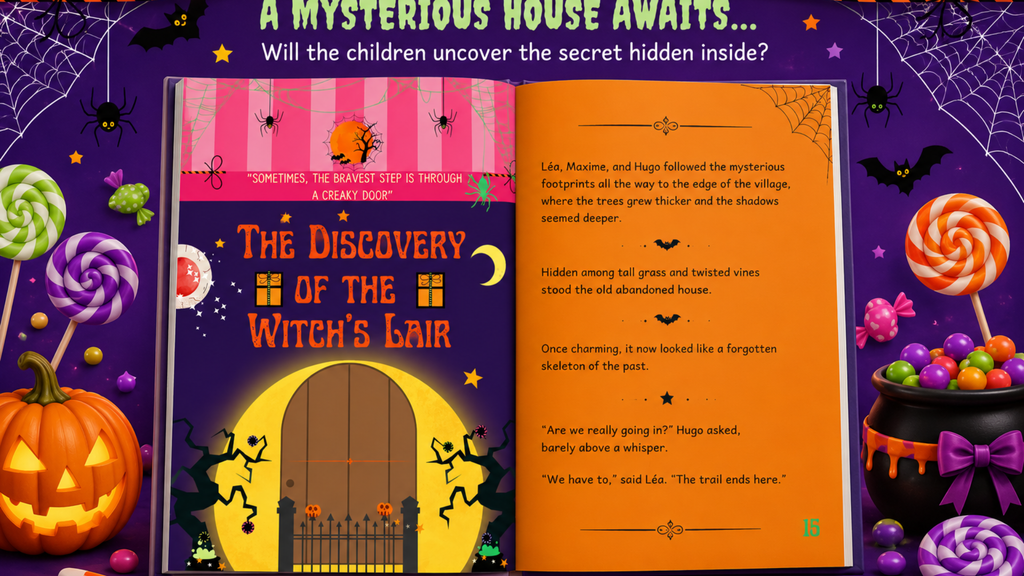 Inside page of Halloween and the Mystery of the Missing Candy showing a Halloween mystery scene