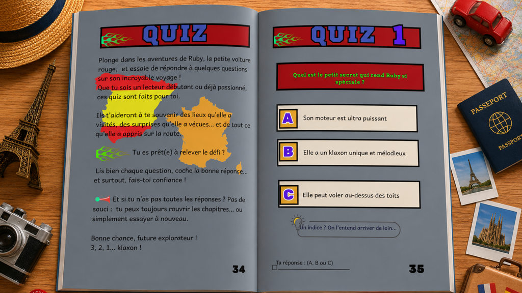 Pages de quiz de La Petite Voiture Rouge – livre jeunesse en français