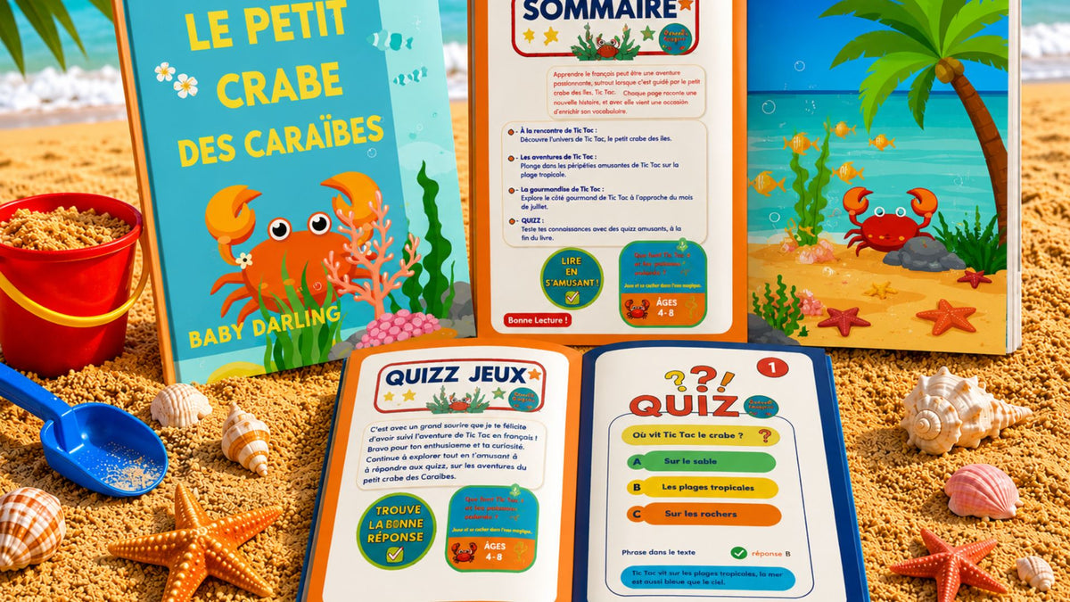Inside pages of Le Petit Crabe des Îles – French children's book for kids ages 4-8 with quiz and activities