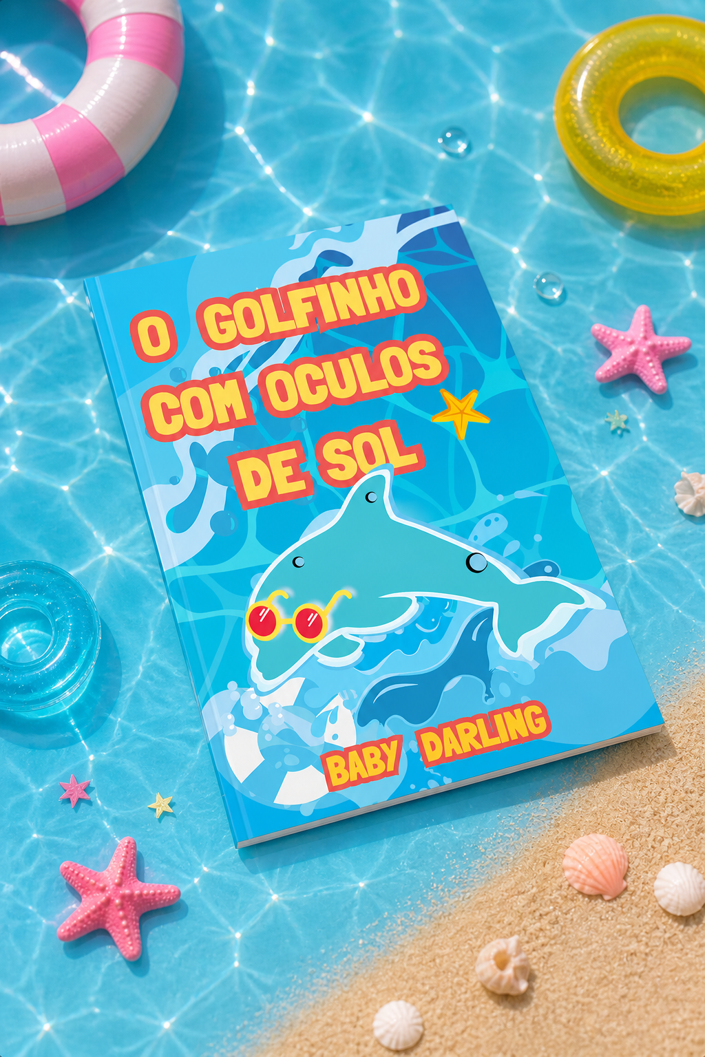 Livro infantil O Golfinho com Óculos de Sol em cenário de verão