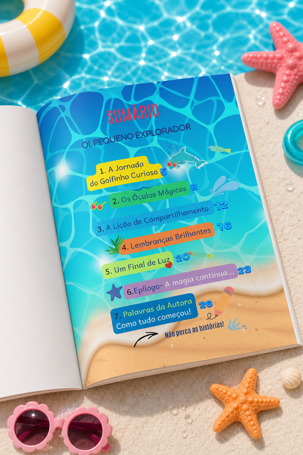 Sumário do livro infantil O Golfinho com Óculos de Sol