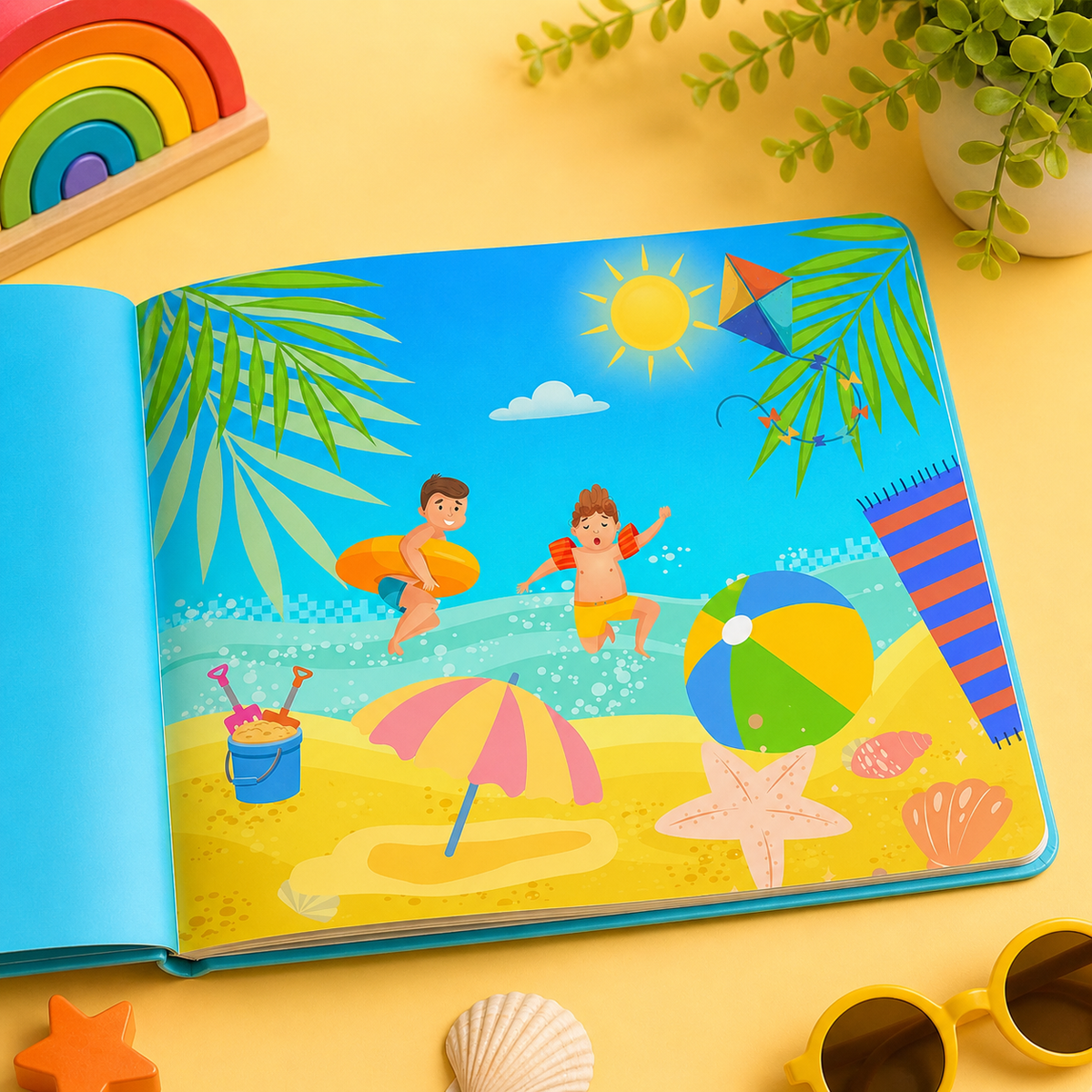 Páginas ilustradas do livro infantil O Sol de Verão com crianças na praia
