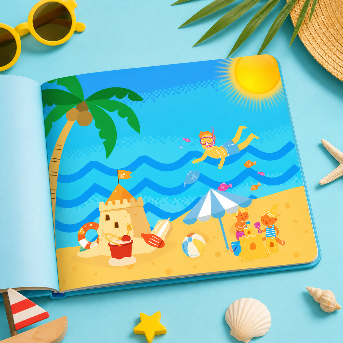 Ilustração do livro infantil O Sol de Verão com praia, mar e atividades de verão