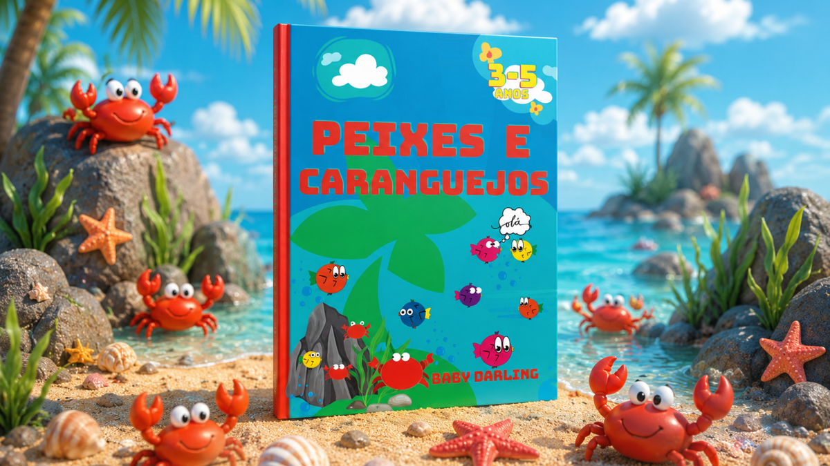 Livro infantil Peixes e Caranguejos em cenário marinho com peixes e caranguejos