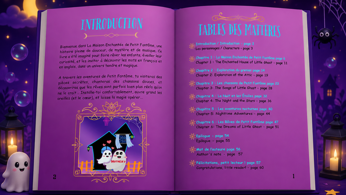 Pages intérieures de Petit Fantôme et la Maison Enchantée – livre bilingue français anglais pour enfants