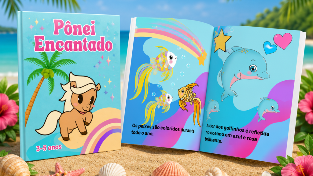Open Brazilian Portuguese children's book with colorful pony and ocean illustrations