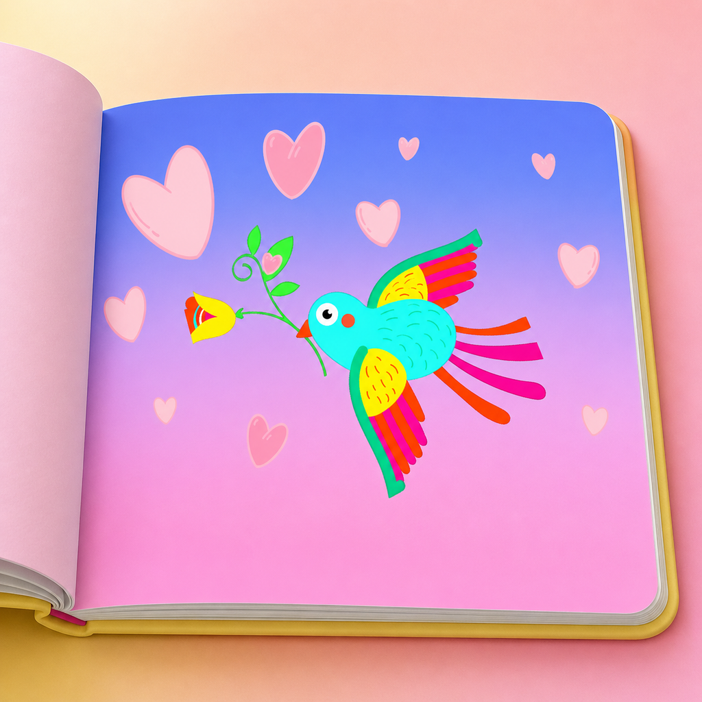 Ilustração do pássaro no livro infantil Rosa e o Pássaro