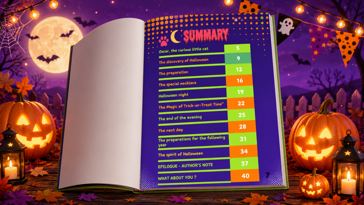 able of contents of A Cat's Halloween Adventure – Halloween book for kids ages 4–8