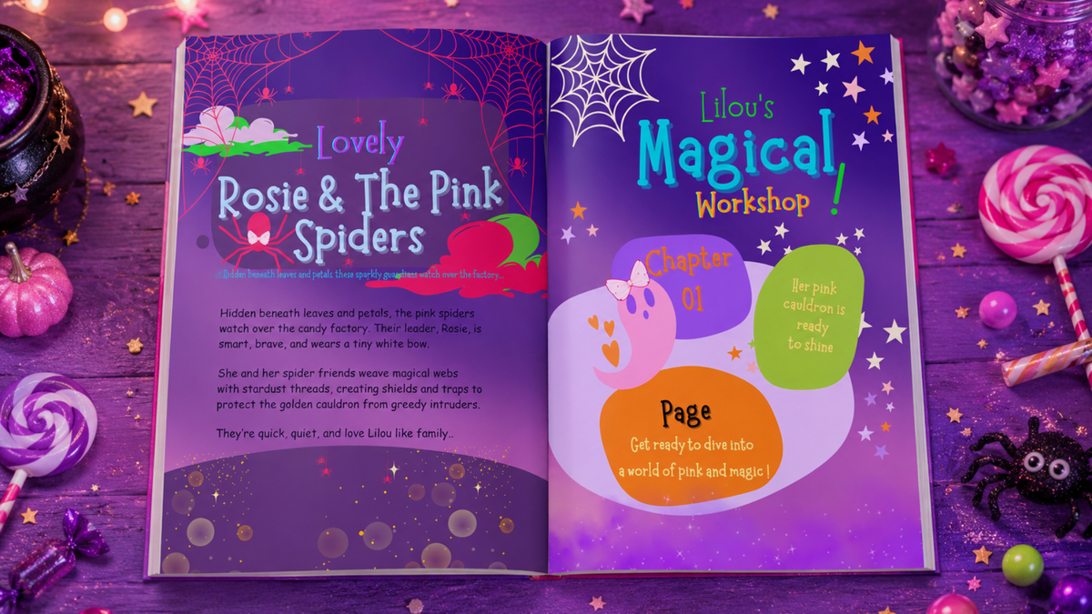 Inside pages of The Cauldron of the Pink Ghost featuring Lilou and the pink spiders