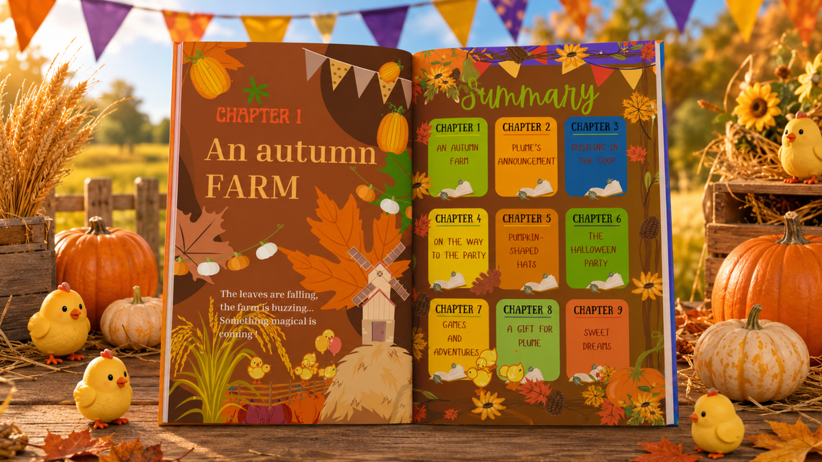 Inside pages of The Chicks at the Pumpkin Party – autumn children’s book