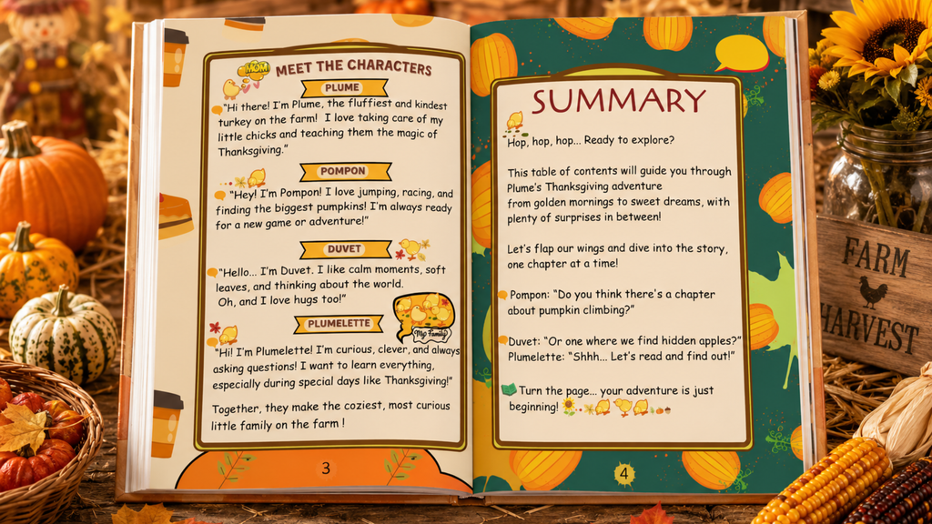 Inside The Chicks at the Thanksgiving Feast – characters and story pages for kids