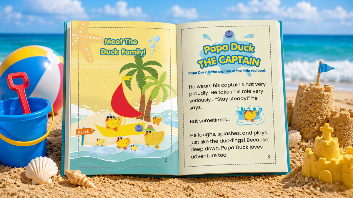 The Ducks on the Boat – inside pages of beach adventure book for kids