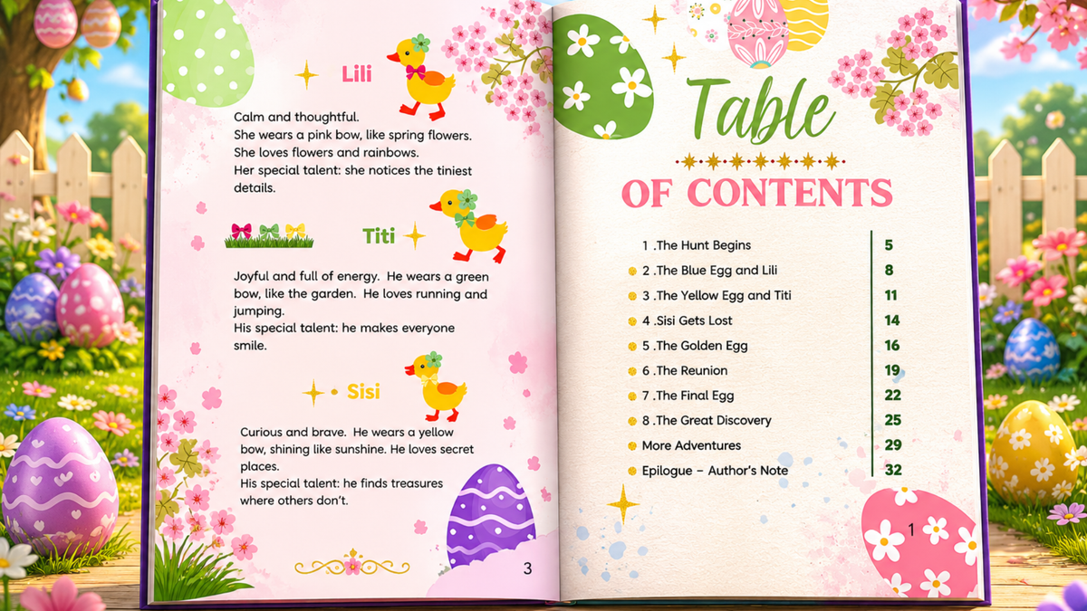 Inside pages of The Garden of Hidden Eggs – Easter children's book with characters and table of contents
