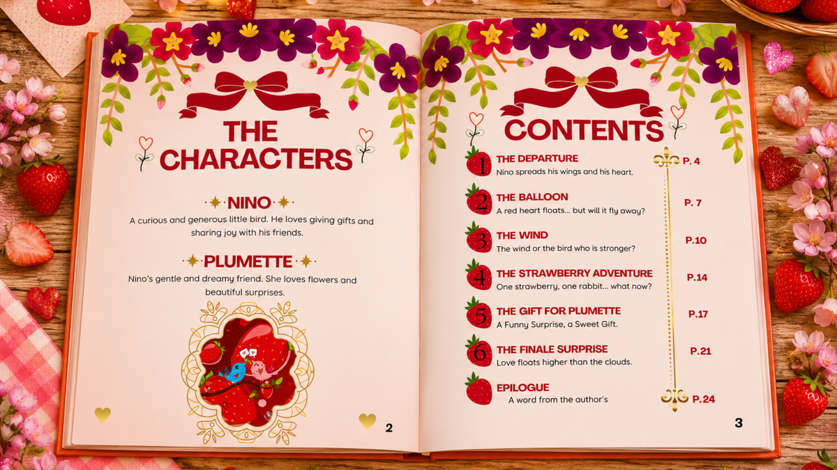 Inside pages of The Valentine's Bird and the Love Strawberry – Valentine's Day book for kids with characters and table of contents