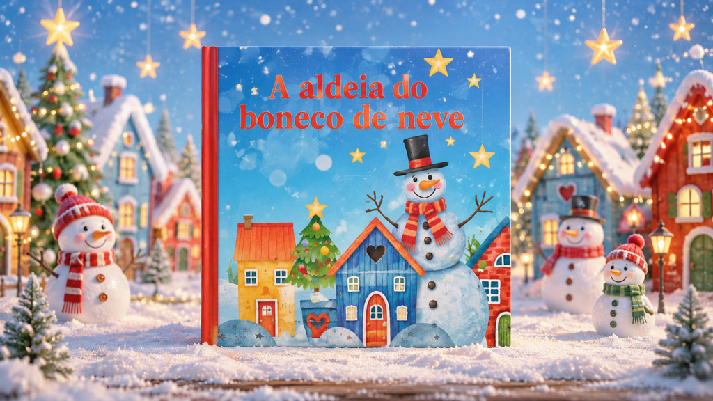 Livro infantil A Aldeia do Boneco de Neve em cenário de inverno
