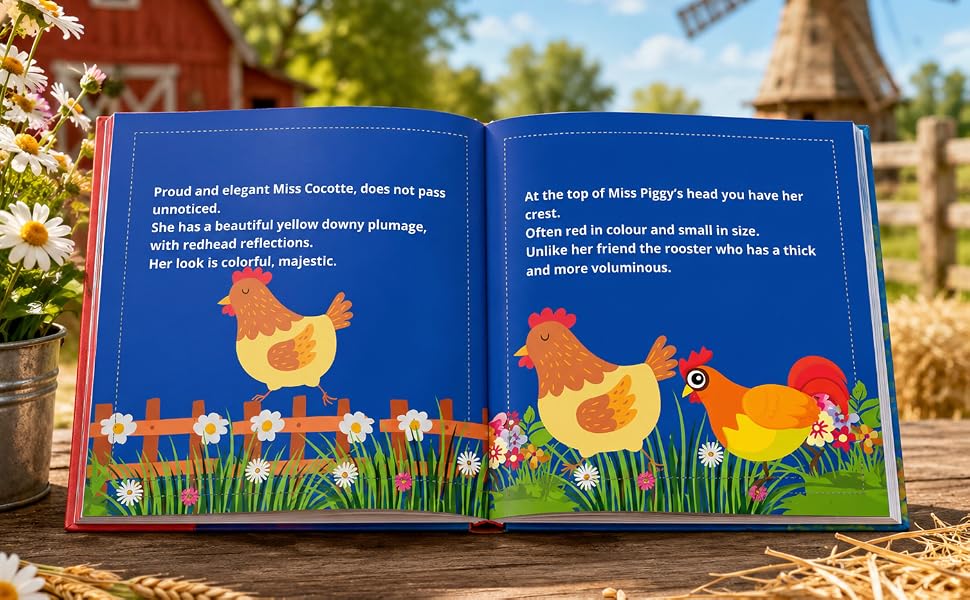 Interior pages of Miss Cocotte children's book featuring hens on a farm
