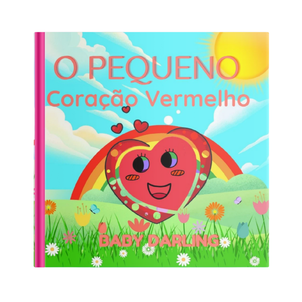 Capa do livro O Pequeno Coração Vermelho com um coração sorridente em um jardim colorido sob um arco-íris⠋