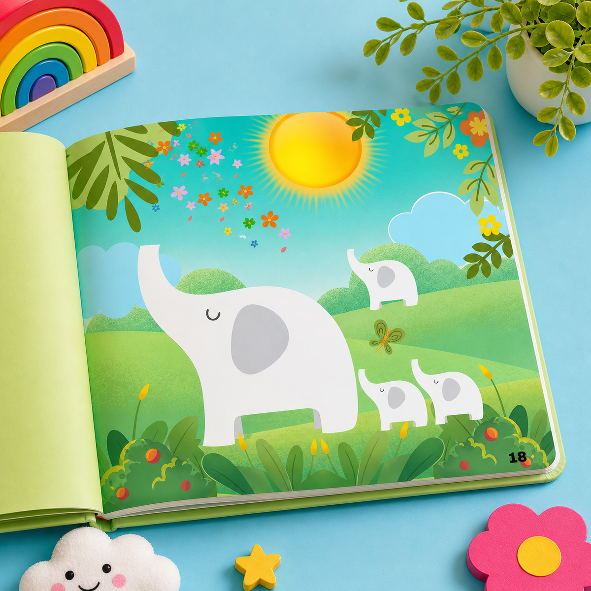 White elephant family illustration from a Brazilian Portuguese children's book