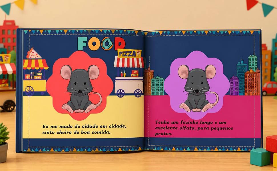 Páginas interiores do livro infantil O Pequeno Rato com ratinhos em uma cidade