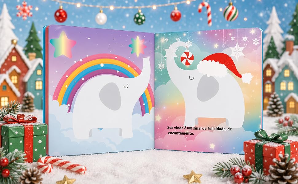 Páginas interiores do livro infantil natal Pequeno elefante branco 