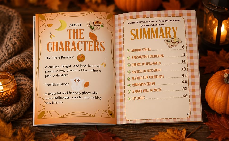 Open copy of The Little Pumpkin and the Nice Ghost showing the main characters and chapter summary beside pumpkins and candles